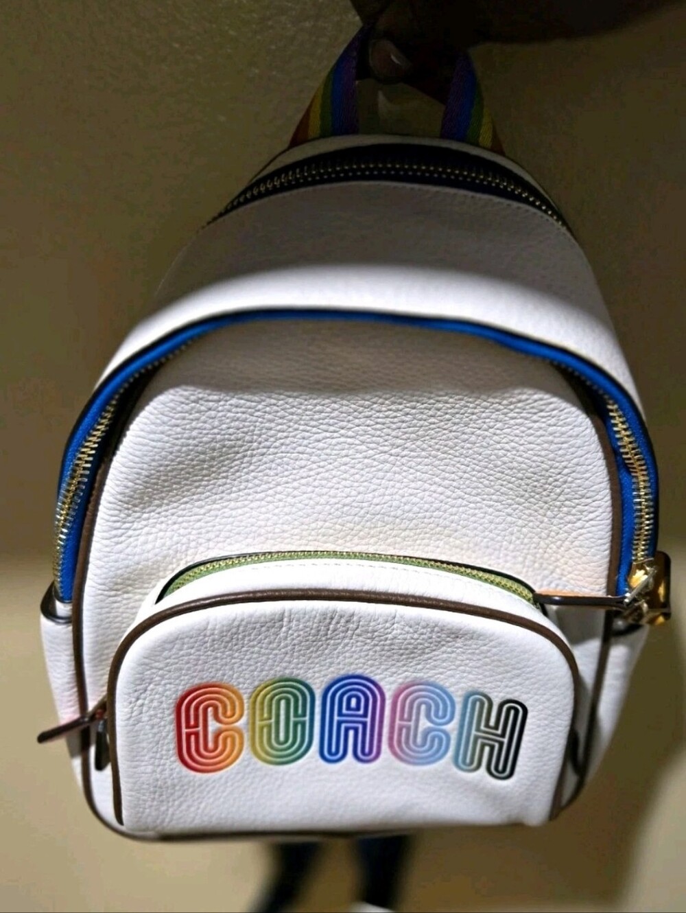 Coach Pride 2022 Mini Court Backpack White Pebble Leather Rainbow Logo